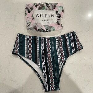 New Shein Women's Aztec Stripe Bikini Swimsuit Bottoms High Waist Boho Sz Small